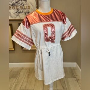 New! QUEEN OF SPARKLES Rose Gold Metallic “Q” Jersey Tie Dress